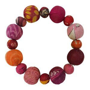 Fair Trade Red Pink Orange Beads Bracelet Upcycled Kantha Fabric Boho Handmade